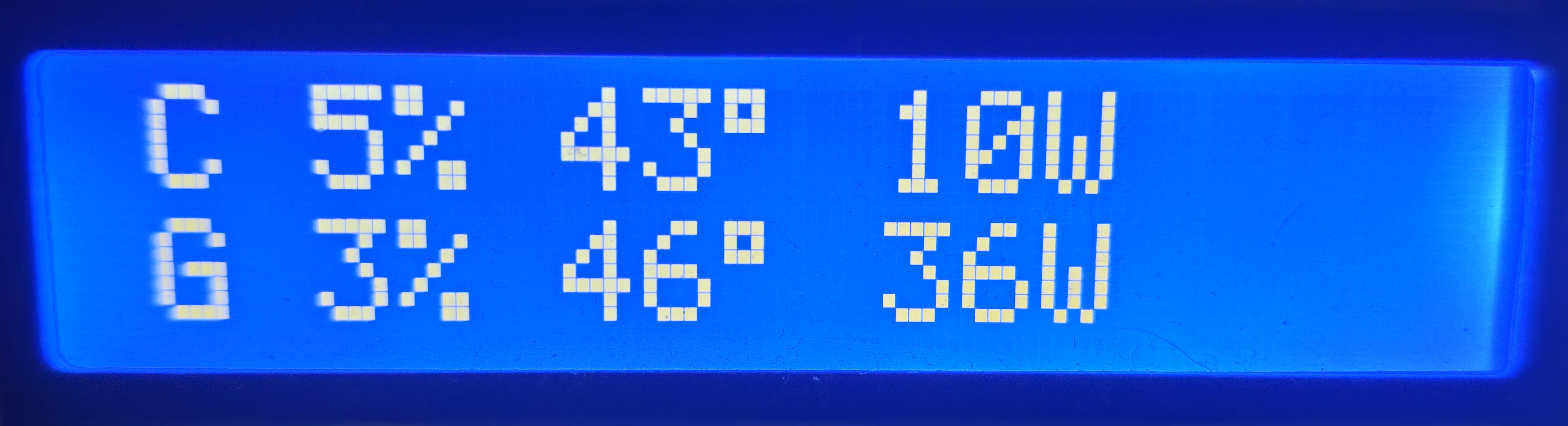 LCD stats page with CPU and GPU rows, each showing load percentage, temperature, and power draw