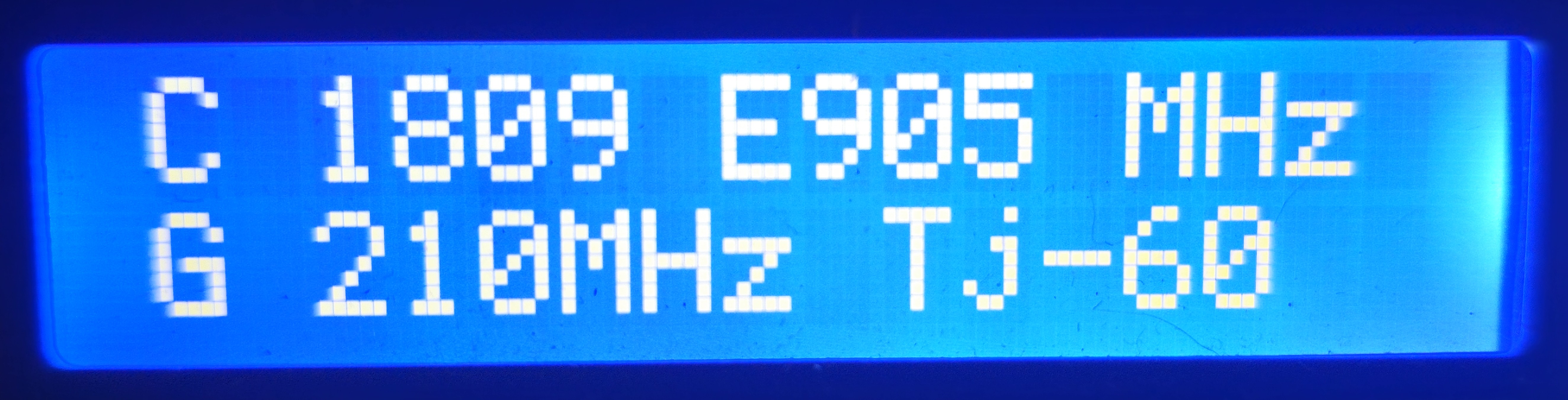 LCD stats page showing clock speeds: CPU performance and efficiency core megahertz, GPU megahertz and junction temperature