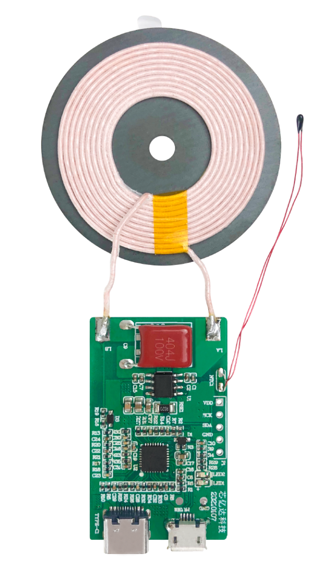 CYD8012 Qi wireless charging transmitter module, a wound copper coil on a ferrite disc wired to a green driver PCB with USB-C and micro-USB ports.
